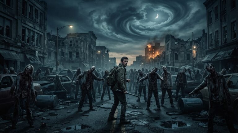 Zombie dream meaning: dark silhouettes walking down a foggy street