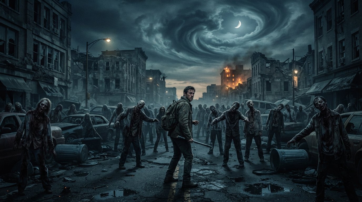 Zombie im Traum sehen: Dunkle Silhouetten gehen durch eine neblige Straße